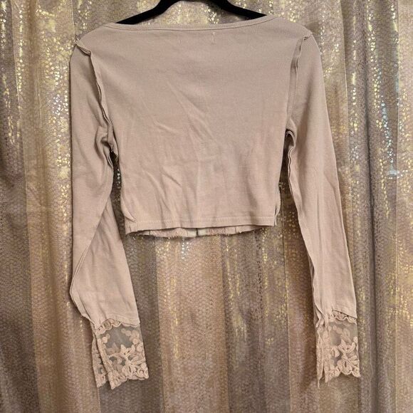 Urban Outfitters Leona Lace Tan Brown Hook Eye Boho Long Sleeve Cropped Medium - Picture 2 of 10